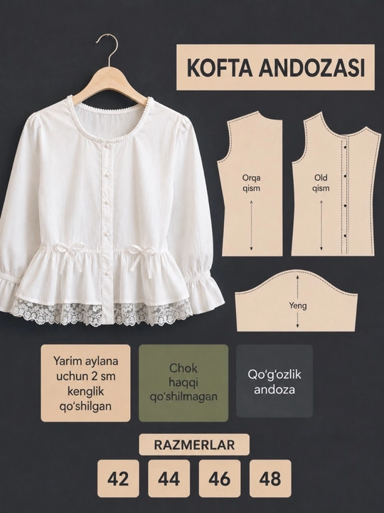 Ayollar koftasining bichimi, yengi fonarcha, tayyor bichim - 