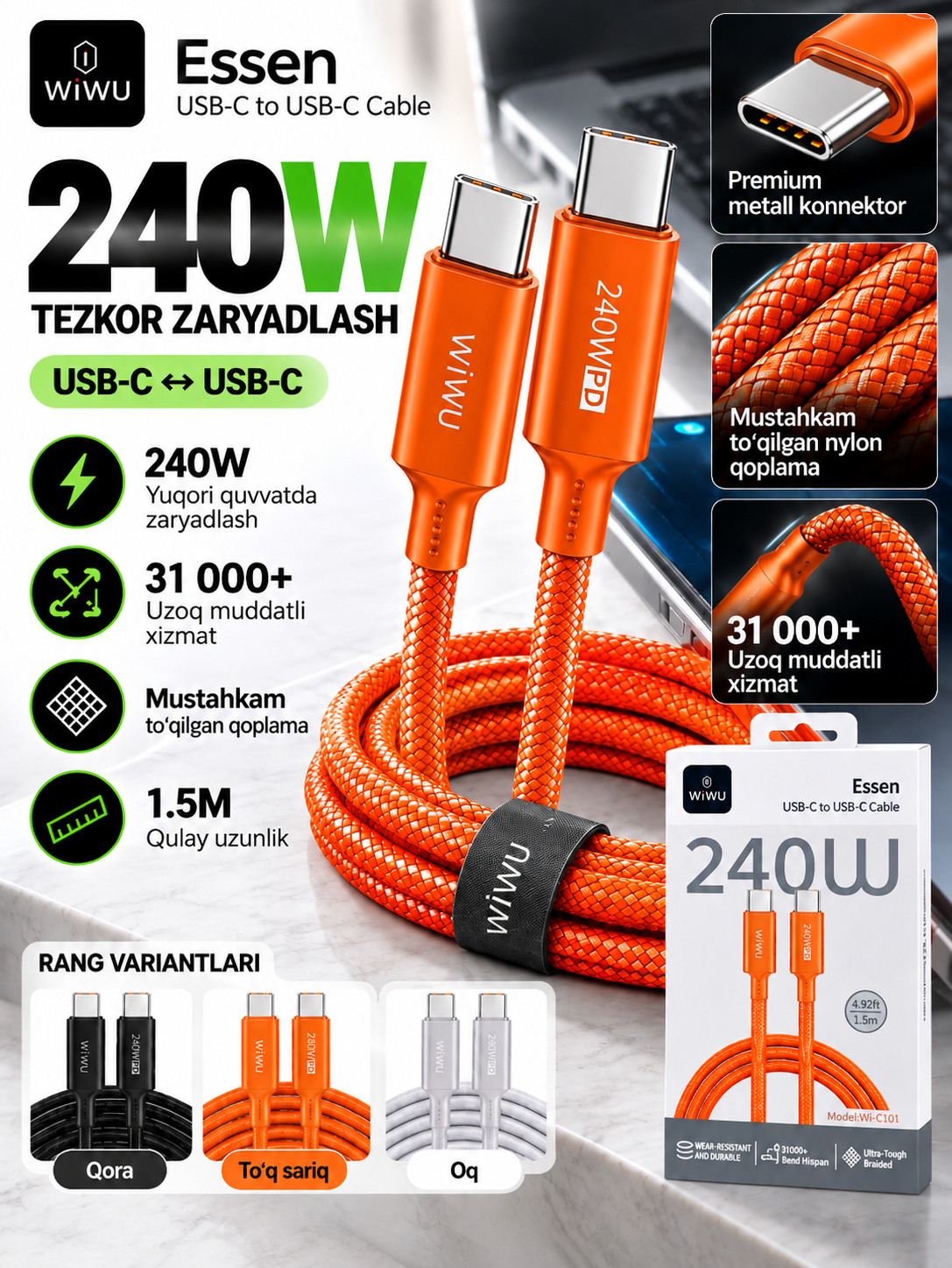 Tezkor quvvatlash kabeli WIWU Essen USB-C → USB-C 240W, 1.5 m - 