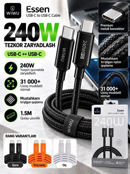 Tezkor quvvatlash kabeli WIWU Essen USB-C → USB-C 240W, 1.5 m - 