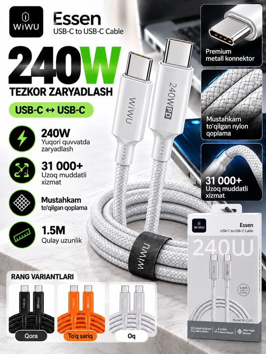 Tezkor quvvatlash kabeli WIWU Essen USB-C → USB-C 240W, 1.5 m - 