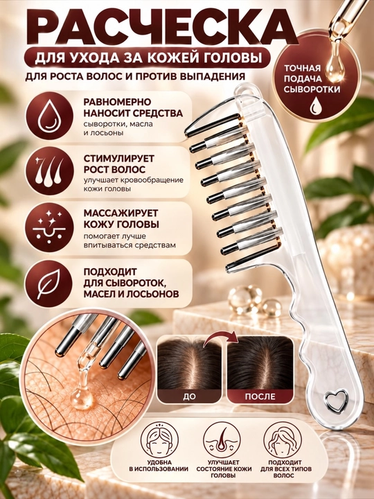 Аппликатор-расчёска для сыворотки для волос с металлическими зубчиками, массажёр для волос - 