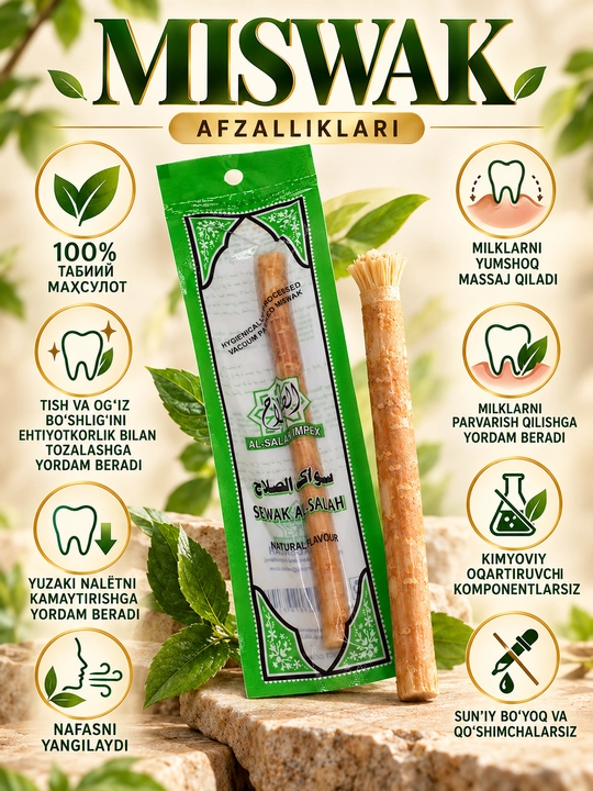 Tabiiy oqartiruvchi tish cho'tkasi Misvok Sewak Al-Hadya tishni oqartiradi, mustahkamlaydi