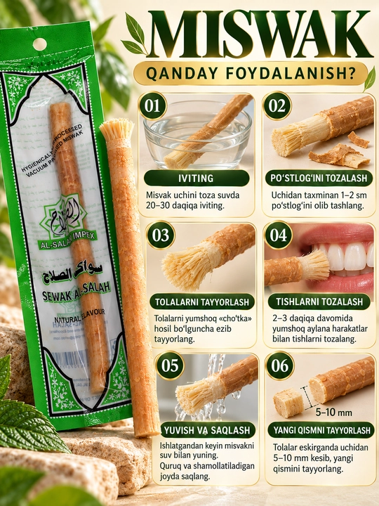 Tabiiy oqartiruvchi tish cho'tkasi Misvok Sewak Al-Hadya tishni oqartiradi, mustahkamlaydi