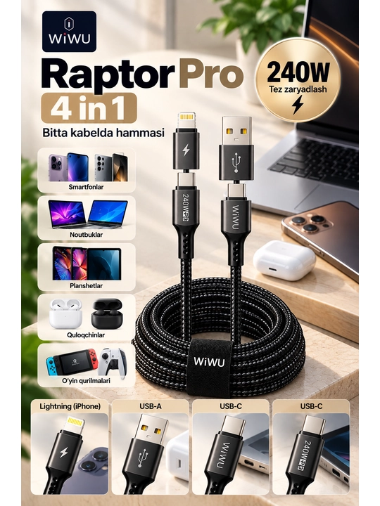 WiWU Raptor Pro 4 в 1 кабель для быстрой зарядки 240W, USB-A + USB-C + USB-C + Lightning