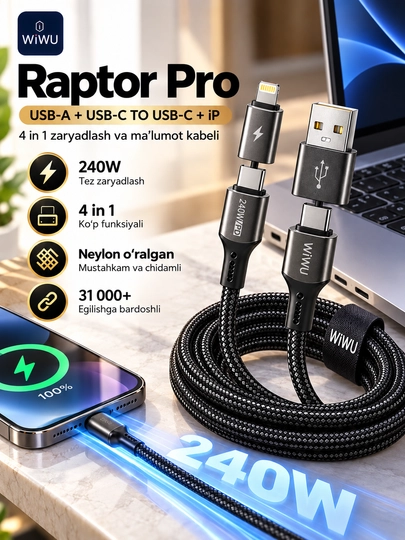 WiWU Raptor Pro 4 in 1 tezkor zaryadlash kabeli 240W, USB-A + USB-C + USB-C + Lightning - 