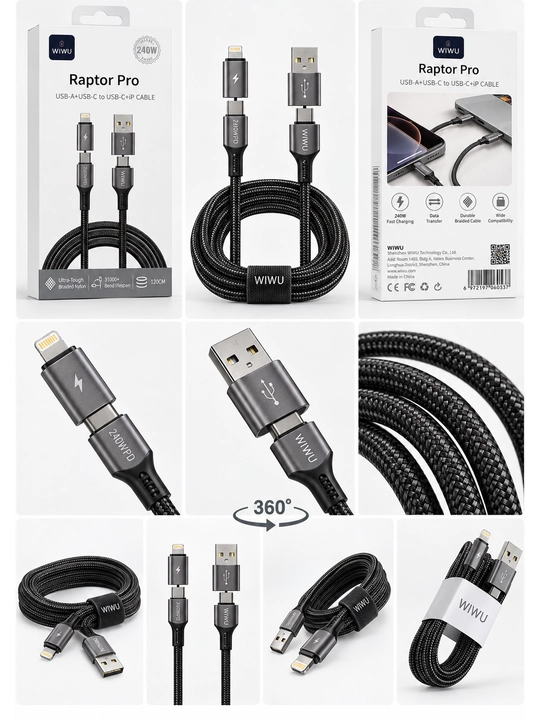 WiWU Raptor Pro 4 в 1 кабель для быстрой зарядки 240W, USB-A + USB-C + USB-C + Lightning