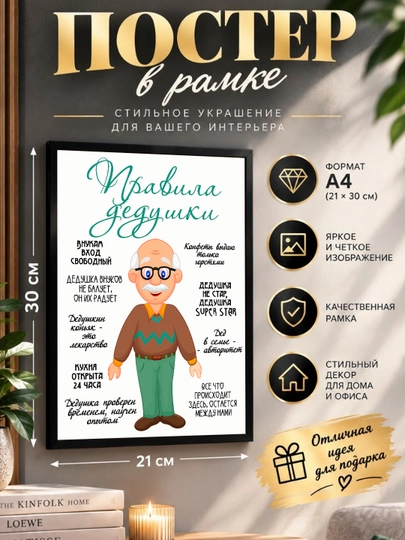 Постер в рамке "Правила дедушки" Формат А4 - 