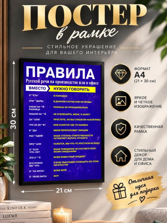 Постер в рамке "Правила русской речи" Формат А4 - 