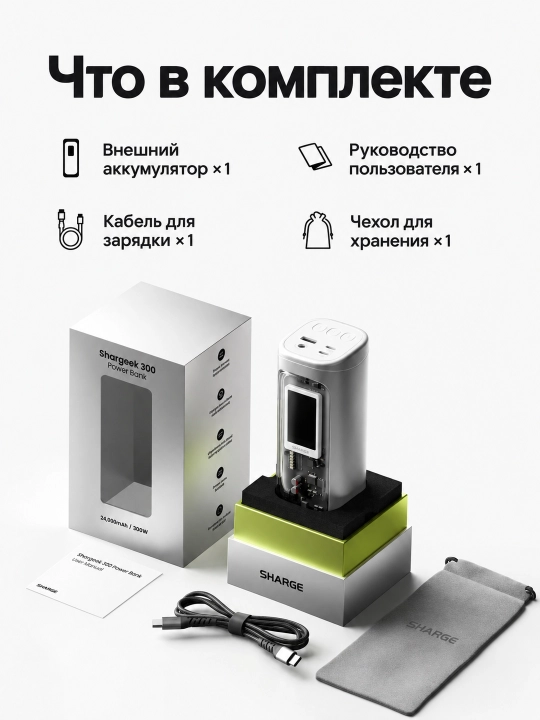 Повербанк SHARGE Shargeek 300, 24000 мА·ч, 300 Вт, 2 USB-C по 140 Вт, DC