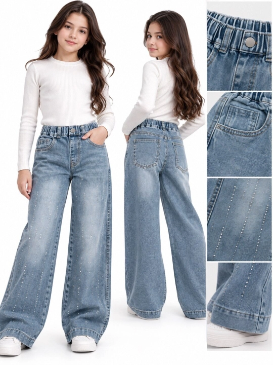 Qizlar jinsi shim, bolalar jinsi, keng jinsi shim, bezakli jinsi, denim shim, moda shim