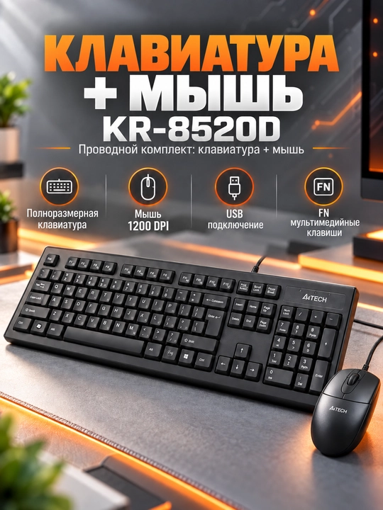 Klaviatura va sichqoncha A4TECH KR-8520D, USB simli to‘plam, kompyuter va ofis uchun - 