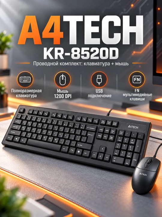 Klaviatura va sichqoncha A4TECH KR-8520D, USB simli to‘plam, kompyuter va ofis uchun