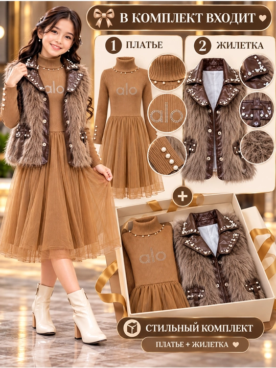 Комплект-двойка для девочек 8–13 лет, платье и меховая жилетка