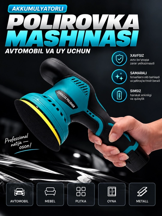Polirovka mashinasi Polisher 12V, 5500 ayl/min, silliqlash va polirovka apparat - 