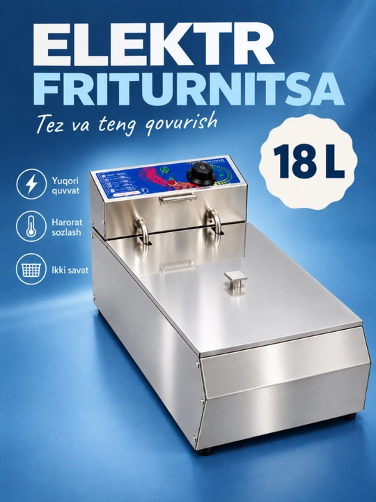 Elektr friturnitsa 18 l, 2 savat, termostatli, zanglamas po‘lat, qovurish apparati - 
