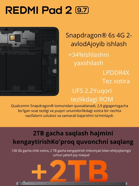 Планшет Xiaomi Redmi Pad 2, 9,7 дюйма (2026), 120 Гц, Snapdragon® 6s 4G Gen 2, 7600 мАч
