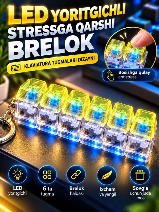 LED yoritgichli stressga qarshi brelok, 6 tugmali klaviatura brelogi - 