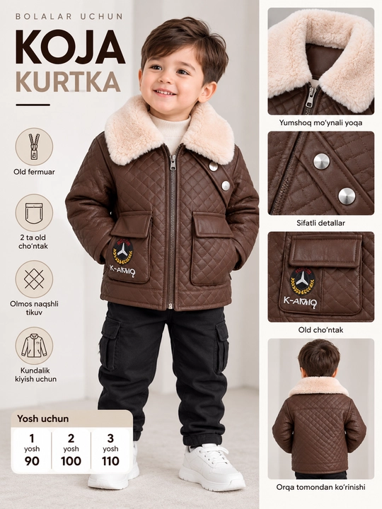"Koja" bolalar uchun charm kurtka — mo'ynali yoqa bilan, 1-2-3 yosh - 