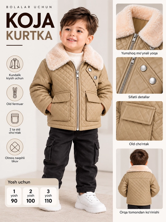 "Koja" bolalar uchun charm kurtka — mo'ynali yoqa bilan, 1-2-3 yosh - 