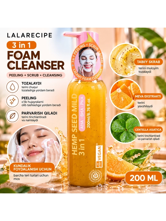 LALARECIPE Hemp Seed Mild Cica 3in1 Cleanser (piling+skrab+ko'pik), 200 ml - 