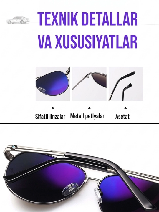 Erkaklar uchun quyoshdan saqlovchi ko‘zoynak, UV400, BMW style, erkaklar uchun sovg'a