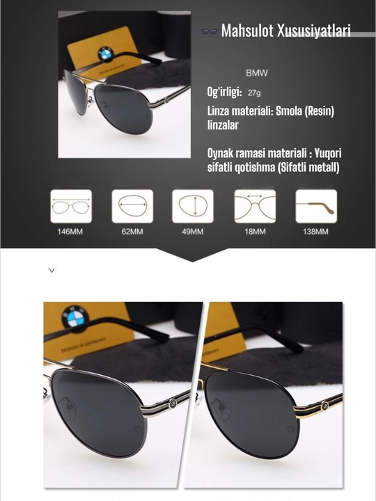 Erkaklar uchun quyoshdan saqlovchi ko‘zoynak, UV400, BMW style, erkaklar uchun sovg'a