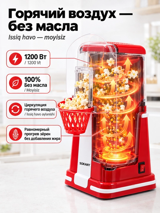 Машина для попкорна SOKANY SK-290, 1200Вт, без масла, быстрая готовка