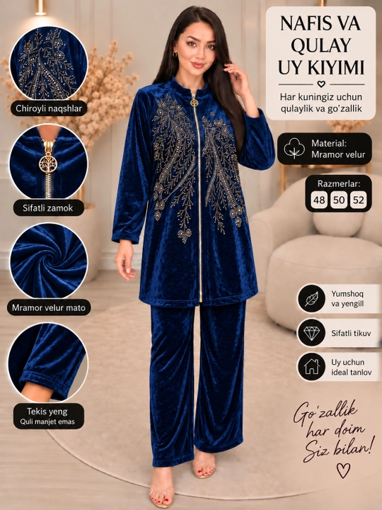 Ayollar kiyimi, uy kostyumi, ikkilik kostyum, velur kostyum, uy uchun kuzgi ayollar kiyimi - 