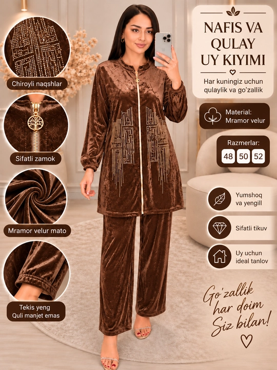 Ayollar kiyimi, uy kostyumi, ikki qismli kostyum, velyur kostyum, uy uchun kuzgi ayollar kiyimi