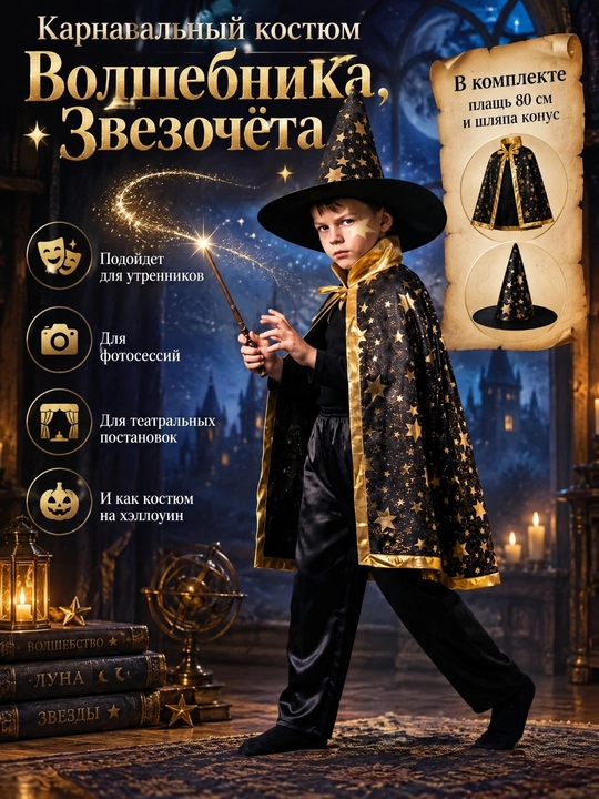 Sehrgar kostyumi, qalpoqli qalpoq, jodugar, karnaval kostyumi, cosplay, hallowin uchun - 