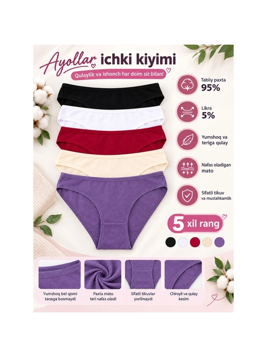 Ayollar trusiklari, paxta, to'plamda 5 dona, ichki kiyim - 