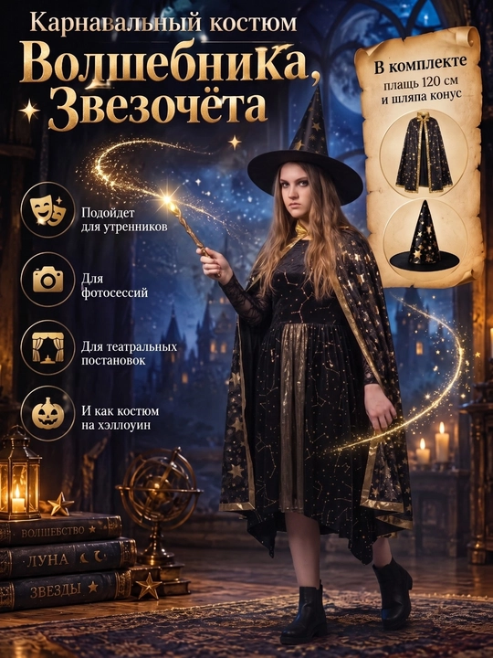 Sehrgar kostyumi, qalpoqli qalpoq, jodugar, karnaval kostyumi, cosplay, hallowin uchun - 