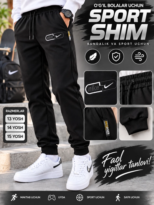 O‘g‘il bolalar uchun ichi mexsiz shalvarlar, qora joggerlar, 13-15 yosh uychi shim - 