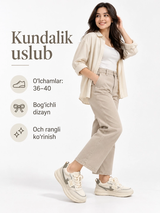 Ayollar va qizlar uchun och rangli, bog‘ichli krossovkalar, 36–40