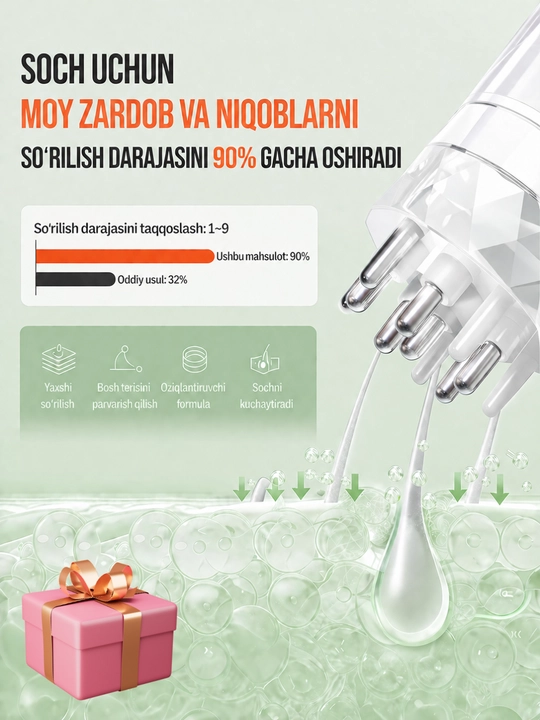 Dozatorli bosh terisi uchun massaj apparati, moy va tonik uchun applikator, taroq - 