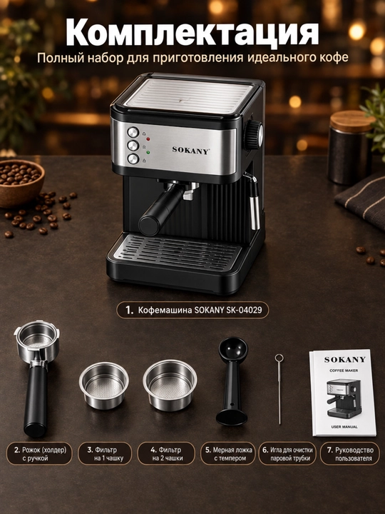 Yarim avtomatik qahva mashinasi SOKANY SK-04029, espresso+kapuchino, 15 bar