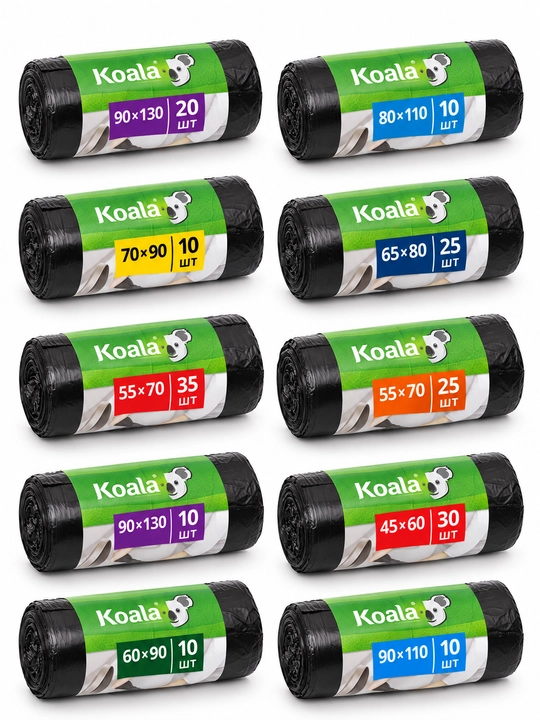 Мусорные пакеты и мешки Koala, чёрные, в рулоне, разные размеры, 10–35 шт