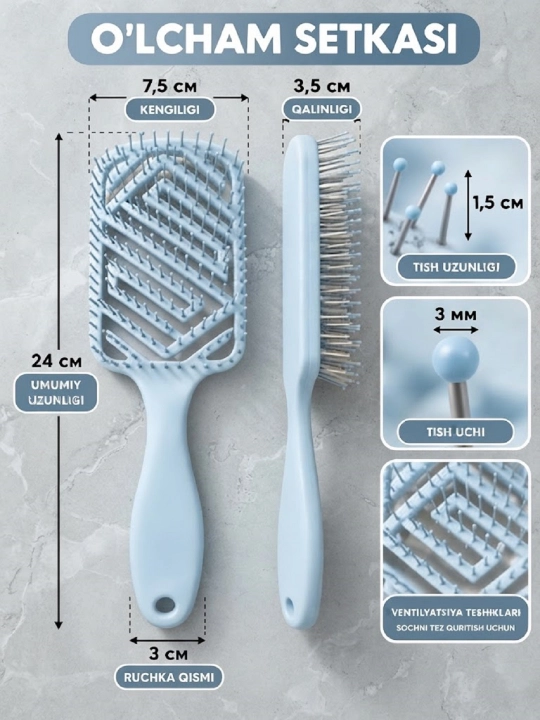 Soch tarog‘i, ho‘l va quruq sochlar uchun ventilyatsion massaj Hair Brush