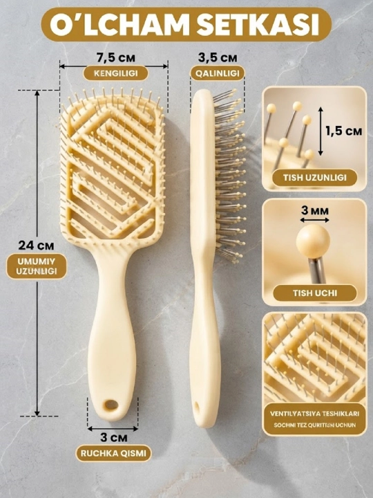 Soch tarog‘i, ho‘l va quruq sochlar uchun ventilyatsion massaj Hair Brush