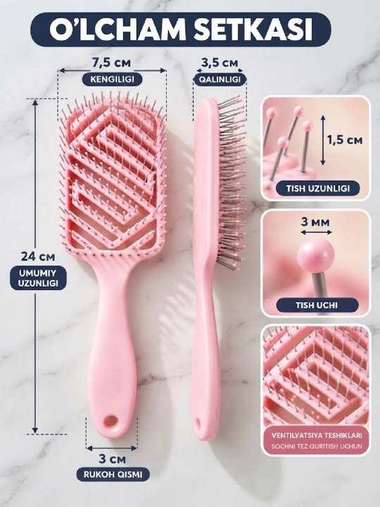 Soch tarog‘i, ho‘l va quruq sochlar uchun ventilyatsion massaj Hair Brush