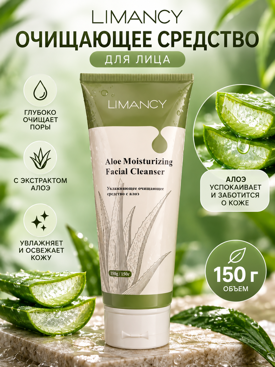 LIMANCY Aloe Moisturizing Facial Cleanser увлажняющий уход с алоэ для умывания лица, 150 г - 