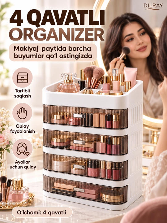 Ayollar atirlari va kosmetikasi uchun tortmali organayzer, 3 va 4 qavatli