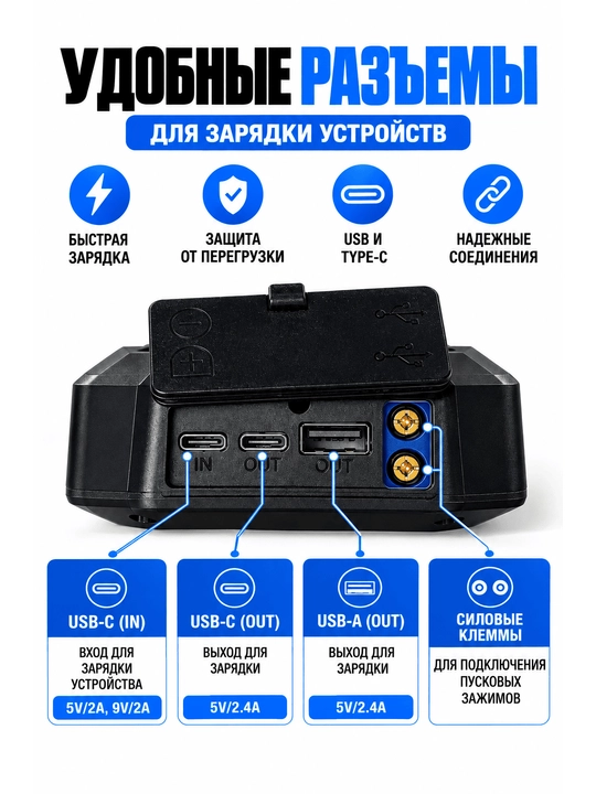 Avtomobil uchun Jump Starter ishga tushirish qurilmasi, Power Bank, USB-C - 