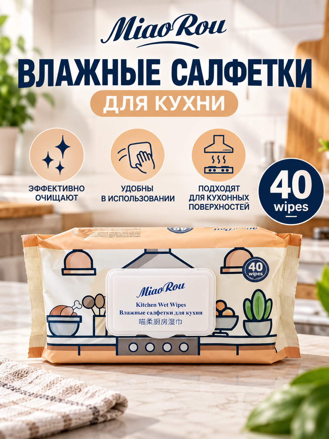 Miao Rou Kitchen Wet Wipes, влажные салфетки для кухни, 40 штук, для очистки поверхностей - 
