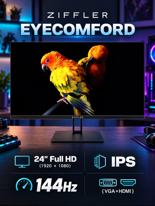 Монитор ZIFFLER EYECOMFORD, 24 дюйма, плоский экран (VGA+HDMI),IPS,144Гц,гарантия 1 год - 