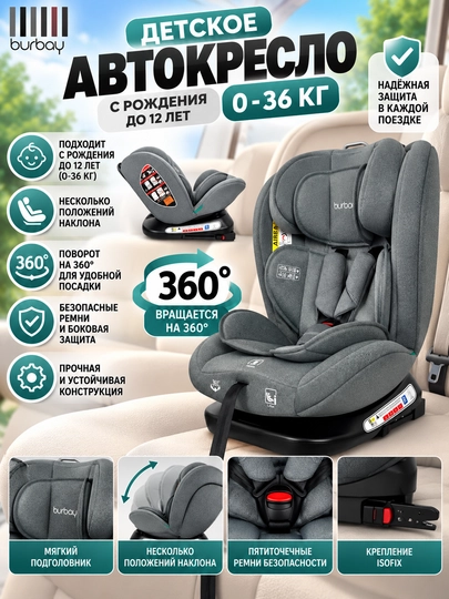 Детское автокресло Burbay 0–36 кг, поворотное 360° - 