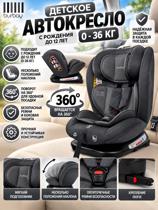Детское автокресло Burbay 0–36 кг, поворотное 360° - 