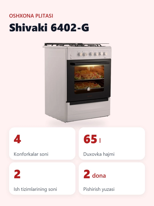 Плита Shivaki 6402-G, 4 конфорки, 65 л