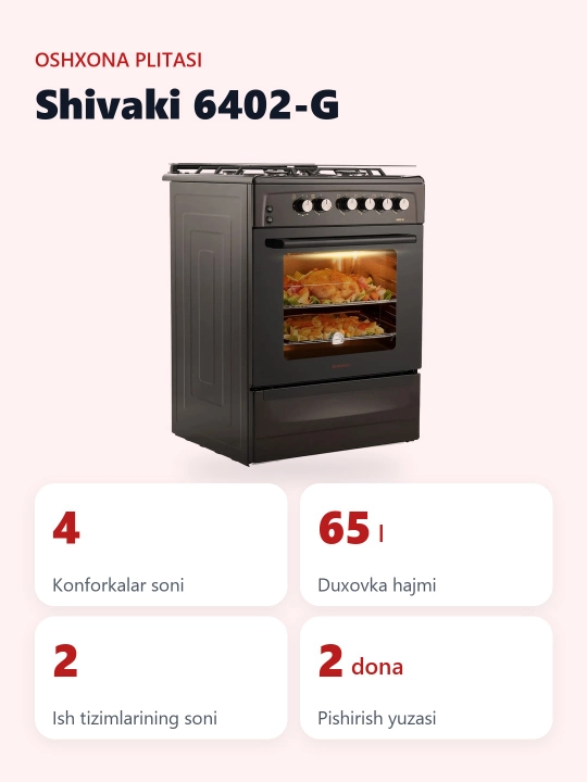 Плита Shivaki 6402-G, 4 конфорки, 65 л
