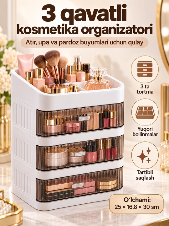 Ayollar atirlari va kosmetikasi uchun tortmali organayzer, 3 va 4 qavatli